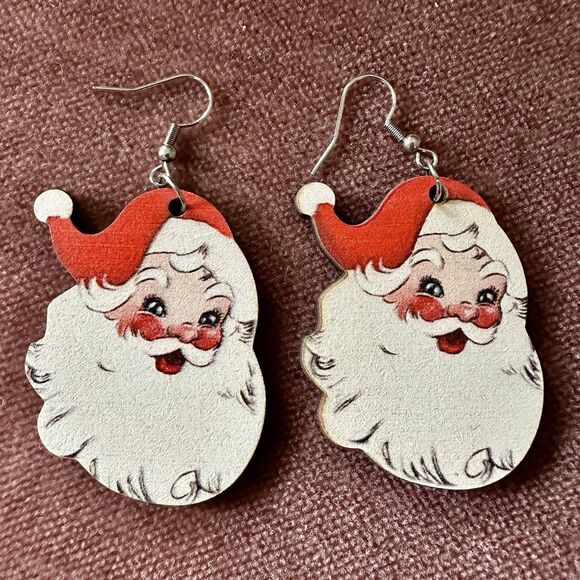 Wooden Vintage Santa Claus Decor Drop Earrings - Picture 1 of 2